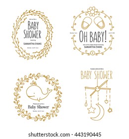 Baby shower invitation templates set. Floral design elements for decoration. Baby shower holiday greeting cards. Hand drawn vintage illustration.