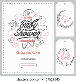 Baby shower invitation templates set. Floral design elements for decoration. Baby shower holiday greeting cards. Hand drawn vintage illustration.