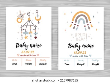 Baby shower invitation templates with toys. Date of birth, height, weight. Perfect for kids bedroom, nursery decoration, posters and wall decorations