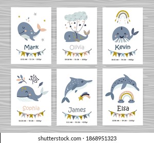 Baby shower invitation templates with whales for girl and boy. Perfect for kids bedroom, nursery decoration, posters and wall decorations