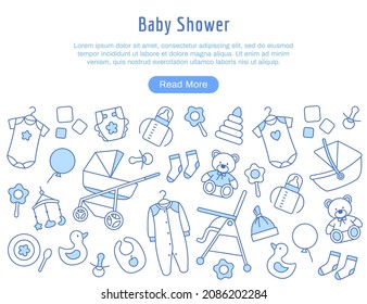 Baby shower invitation thin line background design. Beautiful web page with newborn birthday decoration elements. Adorable toy, balloon, clothing. Outline baby internet background vector illustration.