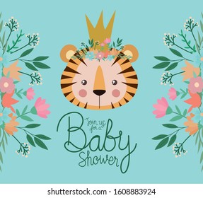 Baby Shower Invitation With Tiger Cartoon Design, Party Card Decoration Love Celebration Arrival And Born Theme Vector Illustration