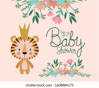 Baby shower invitation with tiger cartoon design, Party card decoration love celebration arrival and born theme Vector illustration