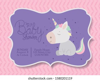 Baby shower invitation with unicorn vector design , Party card decoration love celebration arrival and born theme Vector illustration