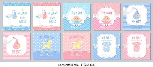 Baby Shower invitation. Vector. Baby boy girl invite card. Welcome template banner. Blue, pink design. Birth party background. Set greeting posters with newborn kid, stork, horse. Cartoon illustration