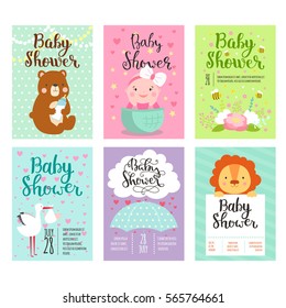 Baby shower invitation vector card. Kids party new born celebration. Baby invitation cute adorable animals design