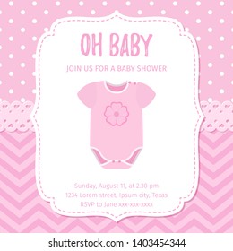 Baby Shower invitation. Vector. Baby girl card. Welcome template invite banner. Cute pink design with onesie. Birth party background. Happy greeting holiday poster. Cartoon flat illustration.