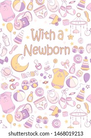 Baby shower invitation. Vector illustration for poster, cards or greeting. Hand drawn sketch in a simple cute cartoon style and pastel colors. Baby, kid, newborn design