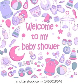 Baby shower invitation. Vector illustration for poster, cards or greeting. Hand drawn sketch in a simple cute cartoon style and pastel colors. Baby, kid, newborn design