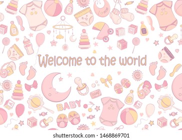 Baby shower invitation. Vector illustration for poster, cards or greeting. Hand drawn sketch in a simple cute cartoon style and pastel colors. Baby, kid, newborn design