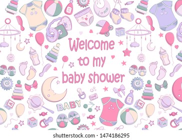 Baby shower invitation. Vector illustration for poster, cards or greeting. Hand drawn sketch in a simple cute cartoon style and pastel colors. Baby, kid, newborn design