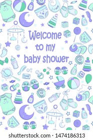 Baby shower invitation. Vector illustration for poster, cards or greeting. Hand drawn sketch in a simple cute cartoon style and pastel colors. Baby, kid, newborn design