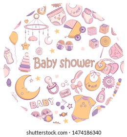 Baby shower invitation. Vector illustration for poster, cards or greeting. Hand drawn sketch in a simple cute cartoon style and pastel colors. Baby, kid, newborn design