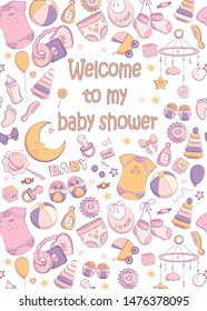Baby shower invitation. Vector illustration for poster, cards or greeting. Hand drawn sketch in a simple cute cartoon style and pastel colors. Baby, kid, newborn design