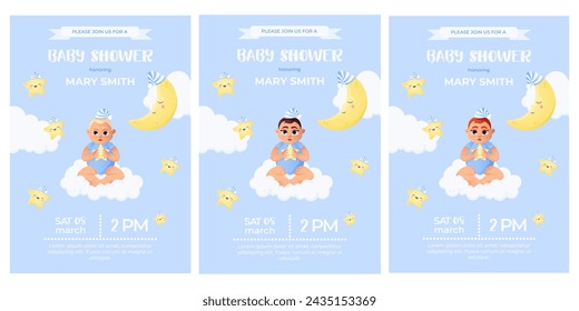 Baby shower invitation. Vector illustrations with baby boys with different hair and eye color, moon and stars in night cap, typography. 