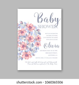Baby shower invitation vector template with wild pink rose dog-rose floral wreath 