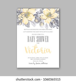 Baby shower invitation vector template with wild lemon yellow rose dog-rose floral wreath 