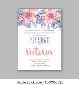 Baby shower invitation vector template with wild pink rose dog-rose floral wreath 