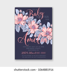 Baby shower invitation vector template Wild rose Pink floral sakura dog-rose wreath