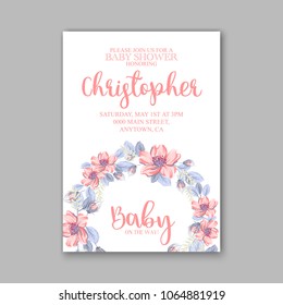 Baby shower invitation vector template Wild rose Pink floral sakura dog-rose wreath