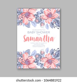 Baby shower invitation vector template Wild rose Pink floral sakura dog-rose wreath