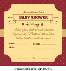 Baby shower invitation. Vintage frame with  banner, autumn leaves and berries on a polka dot background.