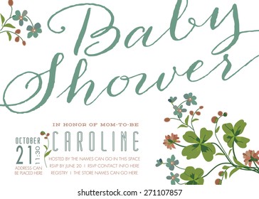 Baby Shower Invitation - Vintage Style Invite with Clover Flowers, Vector