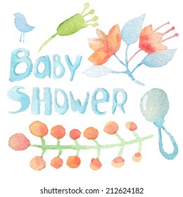 Baby Shower Invitation watercolor hand drawn set . Vector eps10