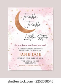 
Baby shower invitation watercolor template card with moon, stars and cloud background