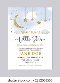 
Baby shower invitation watercolor template card with moon, stars and cloud background