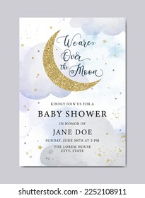 Baby shower invitation watercolor template card with moon, stars and cloud background