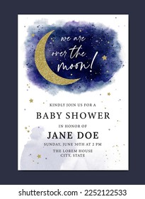 Baby shower invitation watercolor template card with moon, stars and cloud background