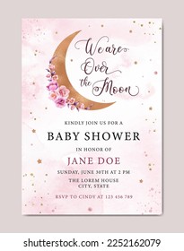 Baby shower invitation watercolor template card with moon, stars and cloud background