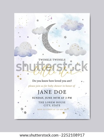 Baby shower invitation watercolor template card with moon, stars and cloud background
