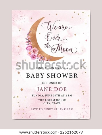 Baby shower invitation watercolor template card with moon, stars and cloud background