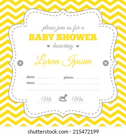 Baby shower invitation. White, gray and yellow colors. Vintage frame with rocking horse icon on a chevron background