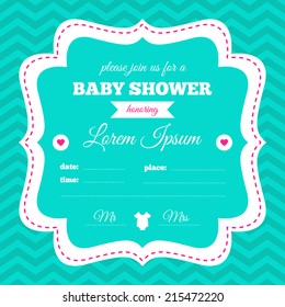 Baby shower invitation. White, hot pink and azure colors. Vintage frame with baby romper icon on a chevron background.