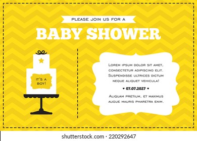 Baby Shower Invitation. White, Yellow And Black Colors. Illustration Of Baby Cake On A Chevron Background.