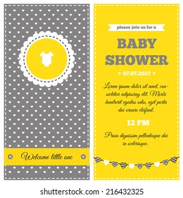 Baby Shower Invitation. Yellow, White And Gray Colors. Frame With Symbol Of Rompers On A Background With Little Hearts Pattern.