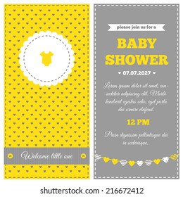 Baby shower invitation. Yellow, white and gray colors. Frame with symbol of rompers on a background with little hearts pattern.