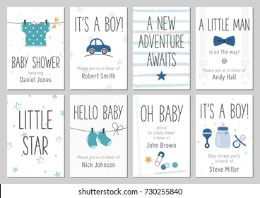 Baby shower invitations. Baby boy arrival and shower cards collection. Vector invitations with baby dress, car, star, bow tie, socks, pin, bottle.