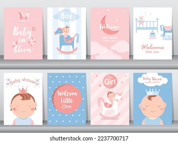 Baby shower invitations cards with babies boy and girl,cute design,poster,template,Vector illustrations.