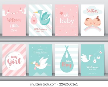 Baby shower invitations cards with babies boy and girl,cute design,poster,template,storks,Vector illustrations.