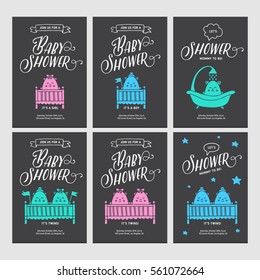 Baby shower invitations doodle collection. Hand drawn cute cartoon style children set. Its a boy. Its a girl. Its twins. Vector vintage illustration.