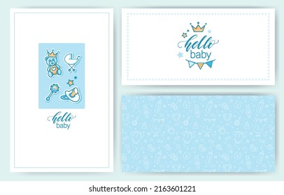 Baby Shower Invitations Templates. Baby Arrival Cartoon Vector Posters with baby icons and pattern. It is a boy.