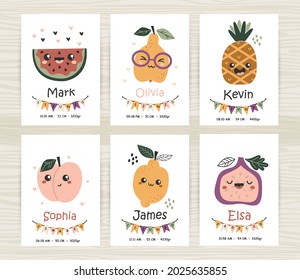 Baby shower invitations templates with cute fruits. Perfect for kids bedroom, nursery decoration, posters and wall decorations