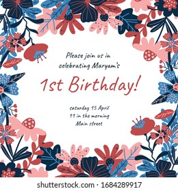 Baby shower invitation.Vector template. Floral card with flowers and floral elements.Gender neutral card style