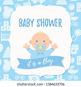 Baby Shower invite card. Vector. Baby boy design. Blue banner. Welcome template invitation Cute birth party background. Happy greeting poster. with newborn kid, polka dot. Cartoon flat illustration.