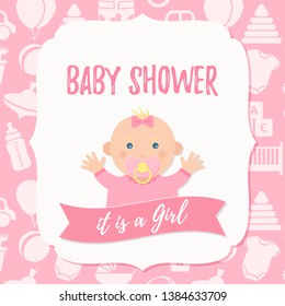 Baby Shower invite card. Vector. Baby girl design. Pink banner. Welcome template invitation Cute birth party background. Happy greeting poster. with newborn kid, polka dot. Cartoon flat illustration.