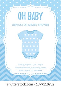 Baby Shower invite card. Vector. Baby boy blue design. Welcome template invitation banner. Birth party background. Happy greeting holiday poster with onesie. Cartoon flat illustration.